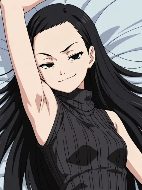 masterpiece, best quality, amazing quality, anime screencap, anime coloring, 1girl, solo, kt1, black hair, long hair, black eyes, small breasts, forehead, black sweater, sleeveless sweater, ribbed sweater, turtleneck, arm up, raised arm, armpit, armpit foc...