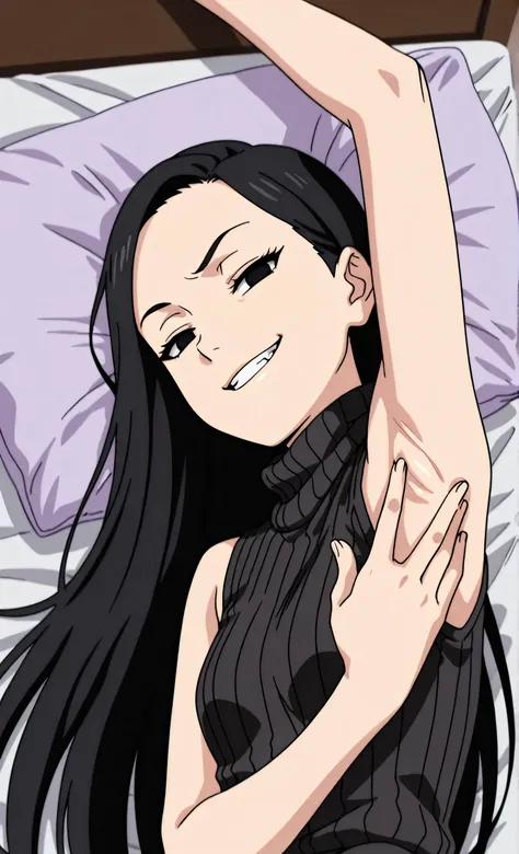 masterpiece, best quality, amazing quality, anime screencap, anime coloring, 1girl, solo, kt1, black hair, long hair, black eyes, small breasts, forehead, black sweater, sleeveless sweater, ribbed sweater, turtleneck, arm up, raised arm, armpit, armpit foc...