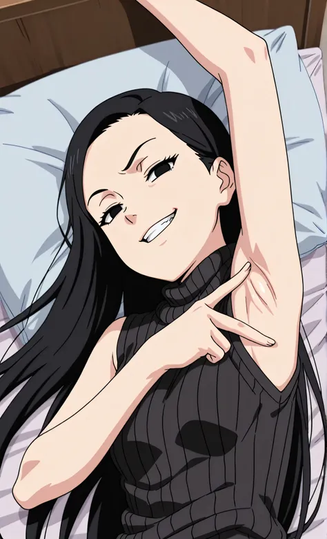 masterpiece, best quality, amazing quality, anime screencap, anime coloring, 1girl, solo, kt1, black hair, long hair, black eyes, small breasts, forehead, black sweater, sleeveless sweater, ribbed sweater, turtleneck, arm up, raised arm, armpit, armpit foc...