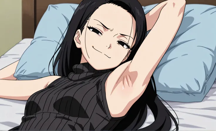 masterpiece, best quality, amazing quality, anime screencap, anime coloring, 1girl, solo, kt1, black hair, long hair, black eyes, small breasts, forehead, black sweater, sleeveless sweater, ribbed sweater, turtleneck, arm behind head, armpit, armpit focus,...