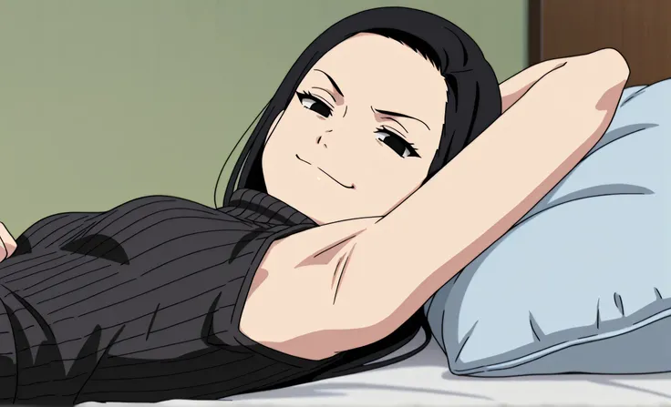 masterpiece, best quality, amazing quality, anime screencap, anime coloring, 1girl, solo, kt1, black hair, long hair, black eyes, small breasts, forehead, black sweater, sleeveless sweater, ribbed sweater, turtleneck, arm behind head, armpit, armpit focus,...