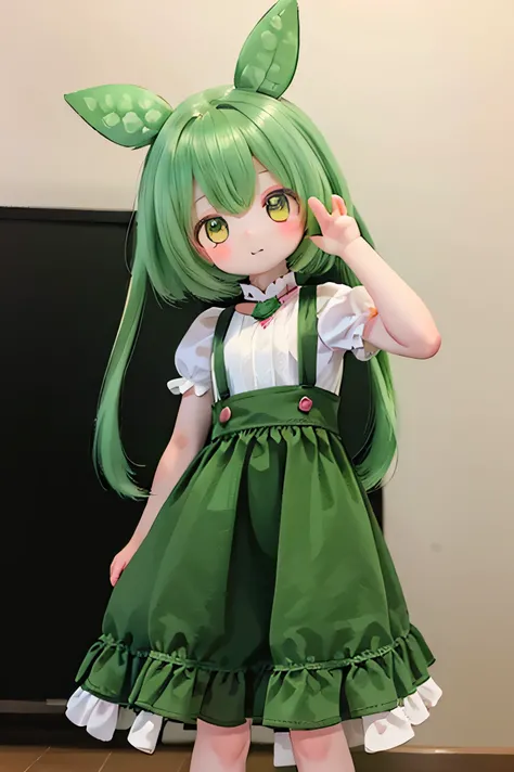 cute green-haired zundamon in playful pose, exquisite character designs , Delicate Details , surreal , photorealistic , 8k, masterpiece , is high resolution, bright colo...