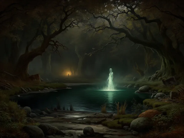 high quality, 8K Ultra HD, realistic, life like realism, a serene and gothic scene of a pond in the middle of a forest blocking the sunrays, the theme is dark fantasy