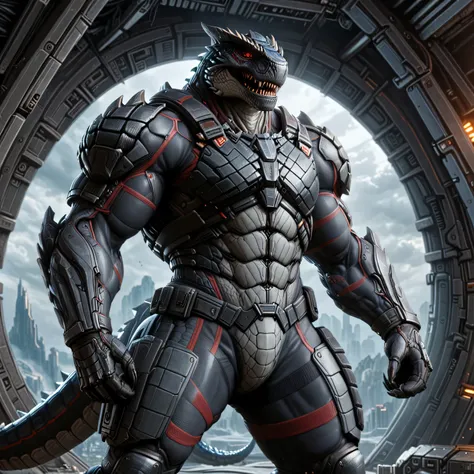 solo, male, humanoid, ultra details, ultra detailed muscles, tigrex, dark grayscale, white belly, handsome, black claws, muscular, red color slit eyes, epic fantasy scene, highly detailed, cinematic lighting, dramatic atmosphere, moody, digital painting, 8...
