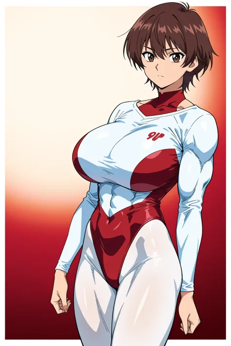 score 9 , score 8 up, score 7 up, source anime, 傑作, best quality, best imagequality, best resolution, anime coloring, 1woman, Close-up of a woman with short brown hair, muscular and strong, brown eyed woman, solo, huge breasts, strong muscles, very large b...