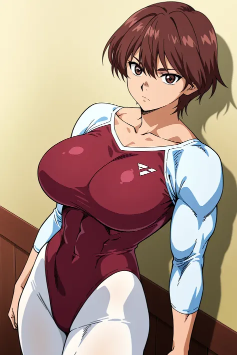 score 9 , score 8 up, score 7 up, source anime, 傑作, best quality, best imagequality, best resolution, anime coloring, 1woman, Close-up of a woman with short brown hair, muscular and strong, brown eyed woman, solo, huge breasts, strong muscles, very large b...