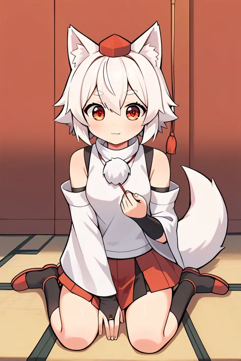 score_9, score_8_up, score_8, score_9, 1 girl,  source_anime, <lora:inubashiri_momiji_pony-10:0.8>  inubashiri momiji, white hair, short hair, wolf ears, tokin hat, pom pom \(clothes\), red eyes, full body, skirt, two-tone skirt,   <lora:gh1bl1XLP:0.8> gh1...
