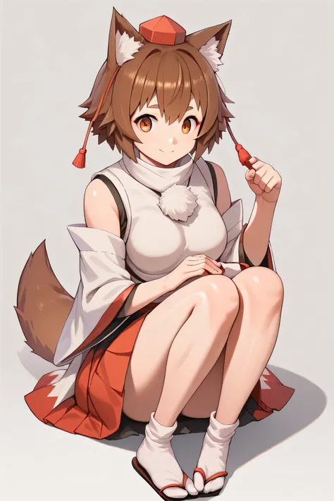 score_9, score_8_up, score_8, score_9, 1 girl,  source_anime,   inubashiri momiji, brown hair, short hair, wolf ears, tokin hat, pom pom \(clothes\),  eyes, full body, skirt, two-tone skirt,    gh1bl1