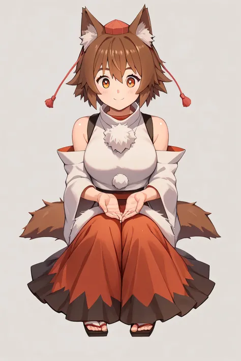 score_9, score_8_up, score_8, score_9, 1 girl,  source_anime,   inubashiri momiji, brown hair, short hair, wolf ears, tokin hat, pom pom \(clothes\),  eyes, full body, skirt, two-tone skirt,    gh1bl1