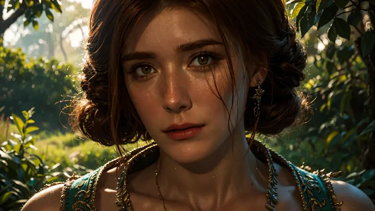 Triss marigold, beautiful sorceress from the witcher 3 game, standing in a lush forest with sunlight filtering through the trees, intricate facial features, serene expression, flowing red hair, elegant robe, close up, detailed fantasy environment, professi...