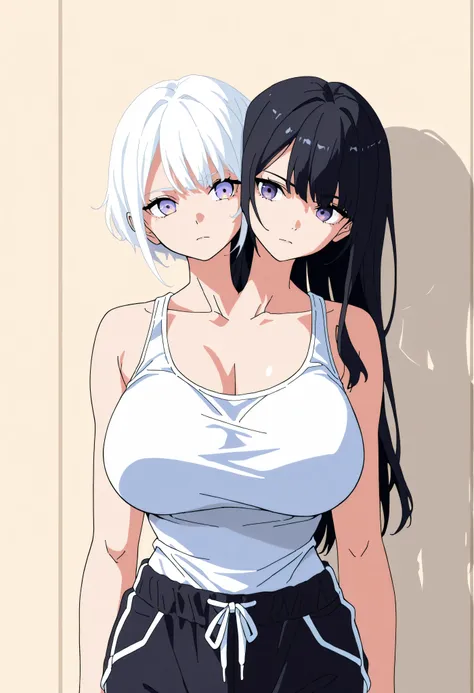 conjoined, 2girls, 2heads, two heads, a tall thin girls with 2 heads, white hair, black hair, long hair, short hair, purple eyes, large breasts, white tank top, black dolphin pants, black, front shots, upper body,