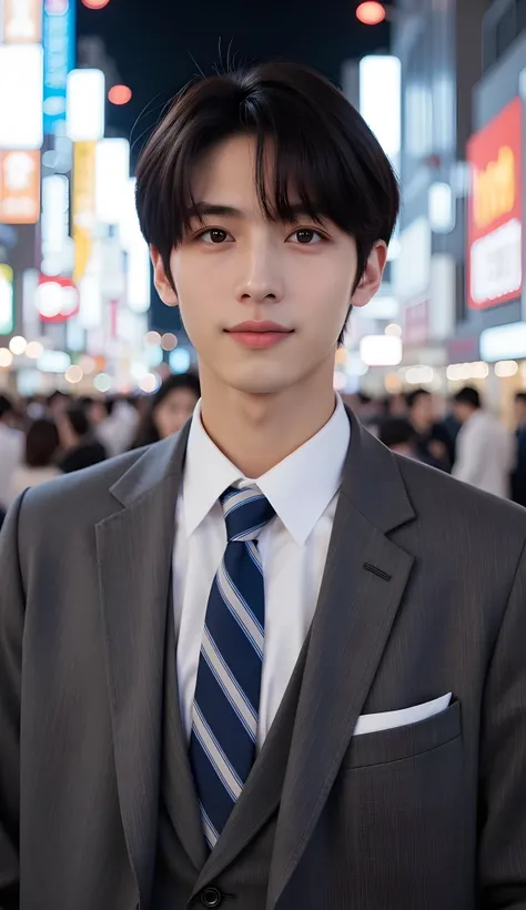 a man standing in front of the camera、(full body shot with mahiru:1,5)handsome half-Korean and Japanese 20-year-olds, Teen, (upbangs centered hairstyles:1.5)、short black hair and well-groomed hairstyles, Black detailed eyes, kind smile, Sharp eyebrows, rou...