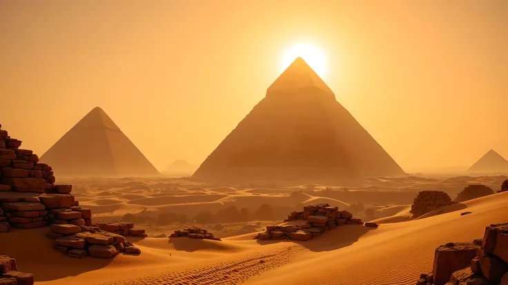 (Flux style), (Masterpiece), (Best quality), (High resolution), Egyptian pyramids at sunrise, golden light illuminating desert sands, long shadows, atmospheric haze, tranquil and timeless atmosphere, detailed textures on ancient stone, no people