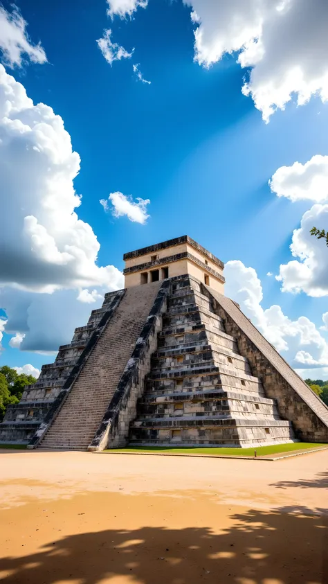 (Flux style), (Masterpiece), (Best quality), (High resolution), Chichen Itza pyramid in Mexico, dry season midday, strong sunlight casting sharp shadows, vivid blue sky with few clouds, ancient stone textures, clear ground, jungle in the distance, no peopl...