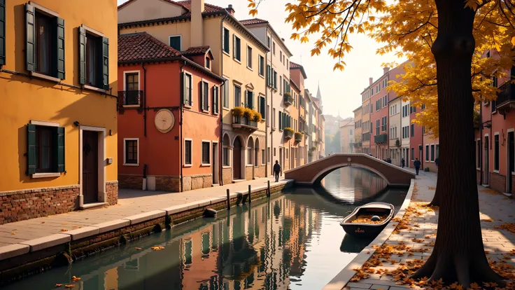 (Flux style), (Masterpiece), (Best quality), (High resolution), Venice Italy in autumn, serene canal with reflections, traditional buildings under soft afternoon sunlight, warm and calm atmosphere, small stone bridge, fallen leaves floating on water, no pe...