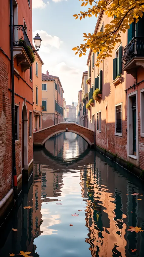 (Flux style), (Masterpiece), (Best quality), (High resolution), Venice Italy in autumn, serene canal with reflections, traditional buildings under soft afternoon sunlight, warm and calm atmosphere, small stone bridge, fallen leaves floating on water, no pe...