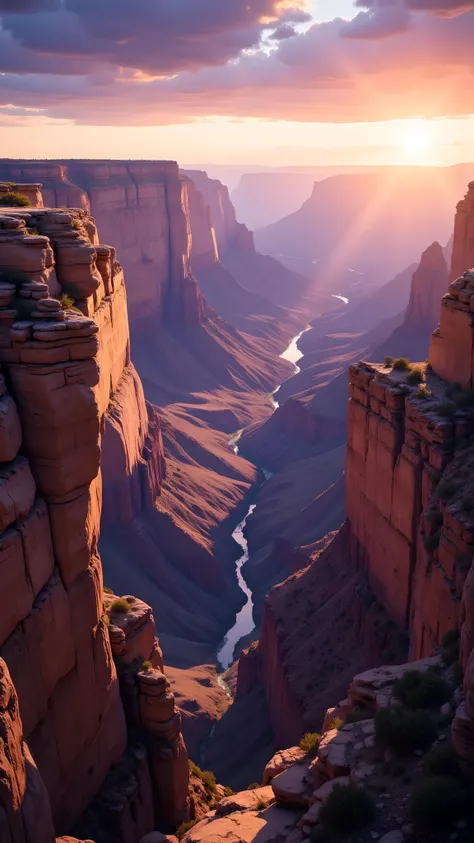 (Flux style), (Masterpiece), (Best quality), (High resolution), Grand Canyon at magic hour, spring season, vast rock formations bathed in warm orange and purple light, long shadows, deep canyon details, clear sky transitioning to dusk, cinematic atmosphere...