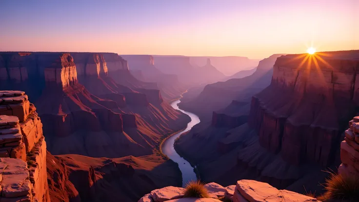 (Flux style), (Masterpiece), (Best quality), (High resolution), Grand Canyon at magic hour, spring season, vast rock formations bathed in warm orange and purple light, long shadows, deep canyon details, clear sky transitioning to dusk, cinematic atmosphere...