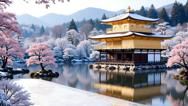 (Flux style), (Masterpiece), (Best quality), (High resolution), Kinkaku-ji Temple, Kyoto Japan, early winter morning, light snowfall on golden pavilion, partially frozen lake reflection, clear sky with soft light, peaceful and quiet scene, detailed natural...