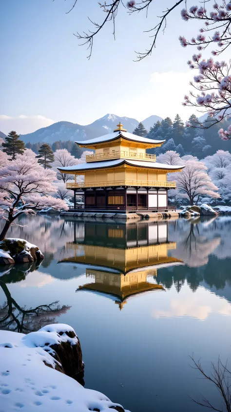 (Flux style), (Masterpiece), (Best quality), (High resolution), Kinkaku-ji Temple, Kyoto Japan, early winter morning, light snowfall on golden pavilion, partially frozen lake reflection, clear sky with soft light, peaceful and quiet scene, detailed natural...