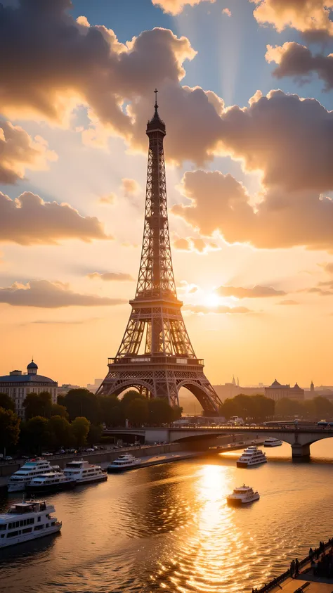 (Flux style), (Masterpiece), (Best quality), (High resolution), (Photorealistic), Eiffel Tower in Paris, viewed from the Seine river, golden sunset sky, warm summer atmosphere, glowing reflections on water, detailed urban background, soft lighting, no peop...