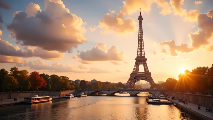 (Flux style), (Masterpiece), (Best quality), (High resolution), (Photorealistic), Eiffel Tower in Paris, viewed from the Seine river, golden sunset sky, warm summer atmosphere, glowing reflections on water, detailed urban background, soft lighting, no peop...