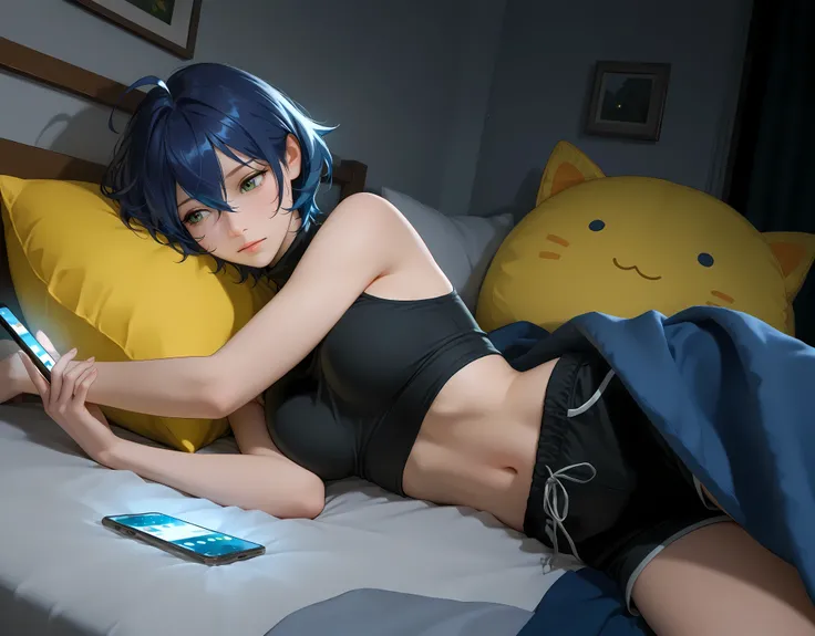 almost realistic, almost realistic, almost realistic, front view, 1 girl - she is Belle, 1girl, green eyes, short hair, blue hair, hair between eyes, ahoge, medium breast, black turtleneck tank top, stomach not exposed, short black hot pants, high detailed...