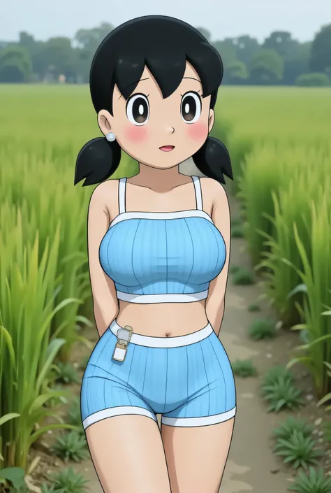Visible female panties, front posing, ("Facial expression in Happy big ORGASM EXPRESSION"), Both hands lying behind the back, (photorealistic:1.6) background rice paddy. daytime atmosphere, (((please don't showing any finger!!!))), (BARING DIATAS TIGA HUG...
