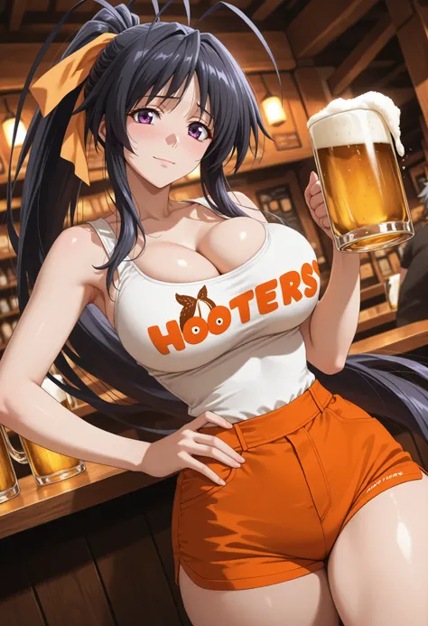 highres, hi res, best quality, masterpiece,, anime coloring, 1girl, large breasts, thick thighs, narrow waist, HootersUniform, employee uniform, short shorts, orange shorts, tank top, white shirt, cleavage, nervous, light smile, dutch angle, naughty pose, ...