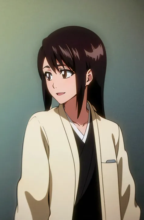 Masterpiece, top quality , one girl from the side , romantic love , black hair, single ,Straight long hair, brown eyes, kimono, white sleeveless coat ,Captain's coat without white sleeves, black kimono , smile, alone, I'm looking for , simple background ,