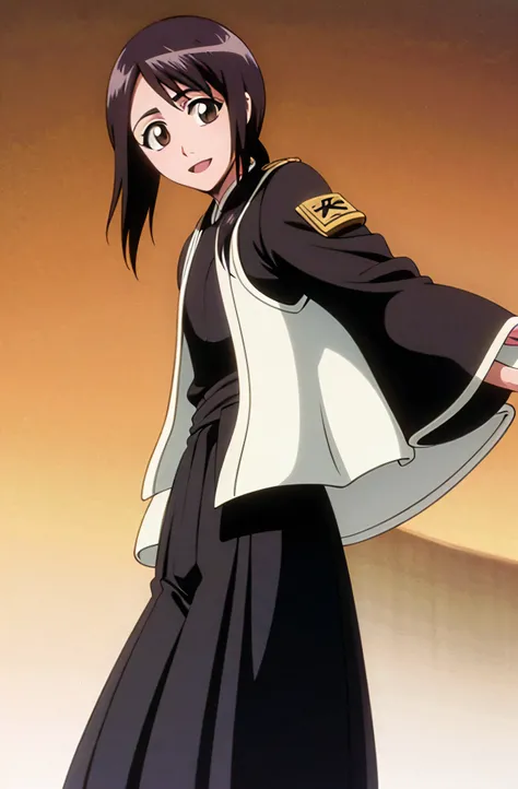 Masterpiece, top quality , one girl from the side , romantic love , black hair, single ,Straight long hair, brown eyes, kimono, white sleeveless coat ,Captain's coat without white sleeves, black kimono , smile, alone, I'm looking for , simple background ,