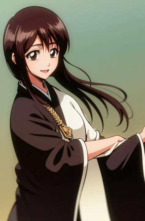 Masterpiece, top quality , one girl from the side , romantic love , black hair, single ,Straight long hair, brown eyes, kimono, white sleeveless coat ,Captain's coat without white sleeves, black kimono , smile, alone, I'm looking for , simple background ,