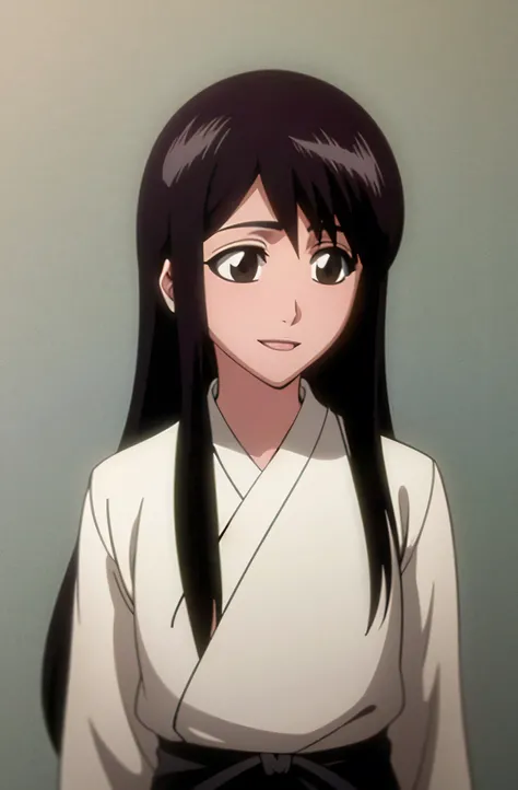 Masterpiece, top quality , one girl from the side , romantic love , black hair, single ,Straight long hair, brown eyes, kimono, white sleeveless coat ,Captain's coat without white sleeves, black kimono , smile, alone, I'm looking for , simple background ,
