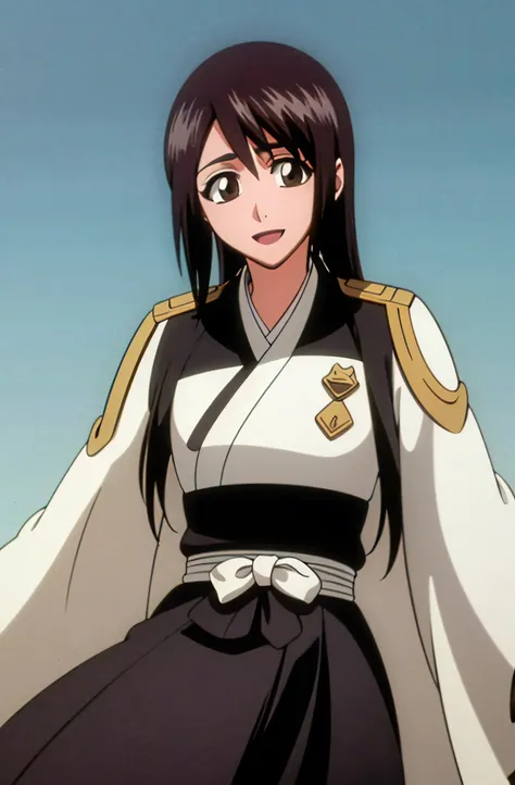 Masterpiece, top quality , one girl from the side , romantic love , black hair, single ,Straight long hair, brown eyes, kimono, white sleeveless coat ,Captain's coat without white sleeves, black kimono , smile, alone, I'm looking for , simple background ,