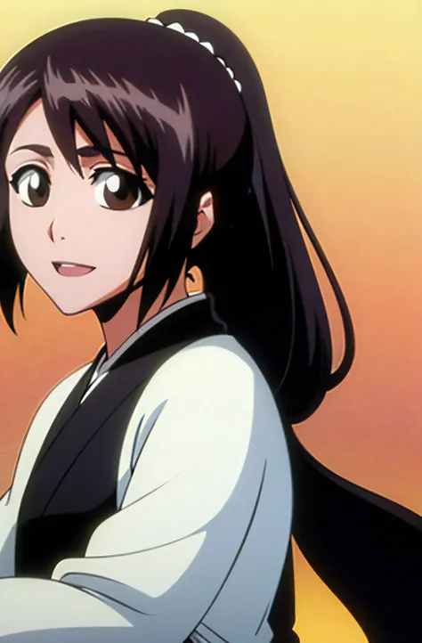 masterpiece, Highest quality , one girl from the side , romantic love , black hair, single ,ponytail, Vancouver, brown eyes, kimono, white sleeveless coat ,Captain's coat without white sleeves, black kimono , smile, alone, I'm looking for , simple backgrou...