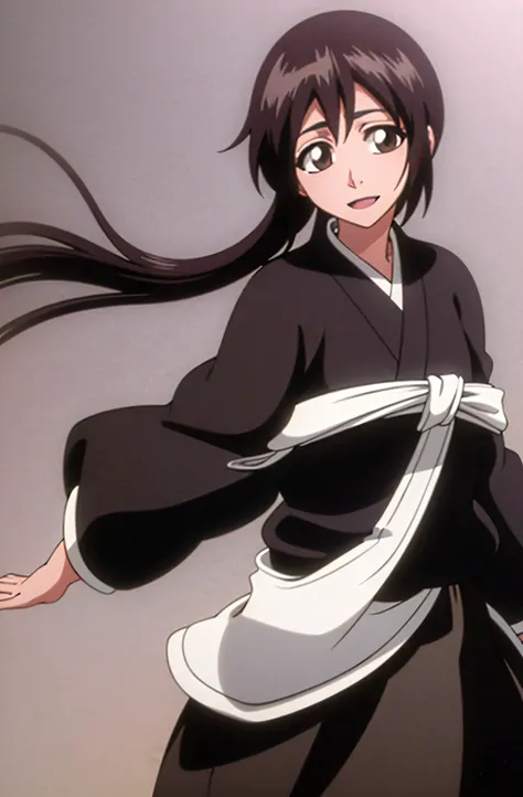 , top quality , one girl from the side , romantic love , black hair, single ,straight long hair, brown eyes, kimono, white sleeveless coat ,Captain's coat without white sleeves, black kimono , smile, alone, I'm looking for , simple background ,