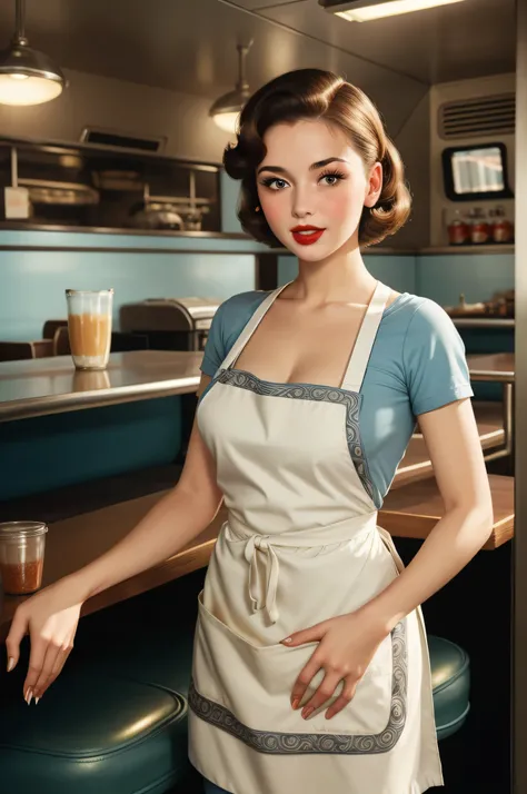 best quality, intricate details,
retro 1950's style,  1girl, woman, diner, apron,  RetroFuturismAI,