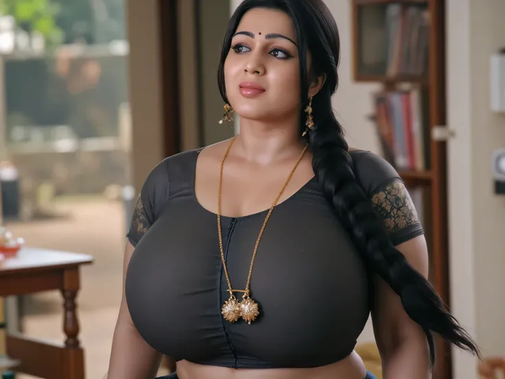 Hot indian curvy thick milf, thick thighs, woman wearing sleeveless and strapless black blouse and midi, woman walking out of a house