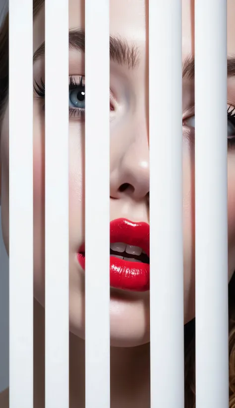 Illustration Art of A close-up portrait of a woman's face partially obscured by white vertical blinds. Only the left side of her face is visible, featuring a bright blue eye, smooth skin, a portion of her nose, and red lips slightly parted. The blinds crea...
