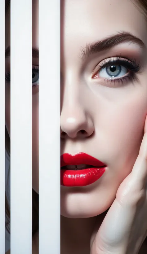 Illustration Art of A close-up portrait of a woman's face partially obscured by white vertical blinds. Only the left side of her face is visible, featuring a bright blue eye, smooth skin, a portion of her nose, and red lips slightly parted. The blinds crea...