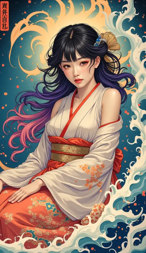  highdefinition images、Katsushika Hokusai manga(beautiful eyes、Look at every detail、multi-colored hair below the arm)、kimono that looks like a yukata、female lying down、葛飾北斎スタイルで渦巻く火のように見える highdefinition images、Kimono beauty、顔のdetails、highest quality ukiyo-e、details、high resolution image beauty。