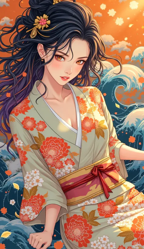  highdefinition images、Katsushika Hokusai manga(beautiful eyes、Look at every detail、multi-colored hair below the arm)、kimono that looks like a yukata、female lying down、葛飾北斎スタイルで渦巻く火のように見える highdefinition images、Kimono beauty、顔のdetails、highest quality ukiyo-e、details、high resolution image beauty。