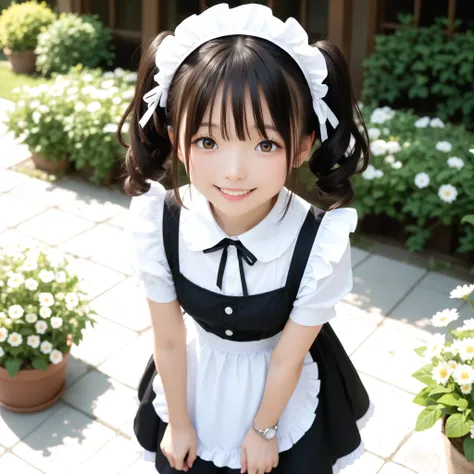 (1人のかわいいyounger日本人の女の子), Maid, Watering flowers outside the mansion, Black lace stockings, watch viewers,(smile:0.88), (younger:1.17),(skinny:0.76),(big breasts:0.37),The girl is leaning forward to take care of the flowers,from above