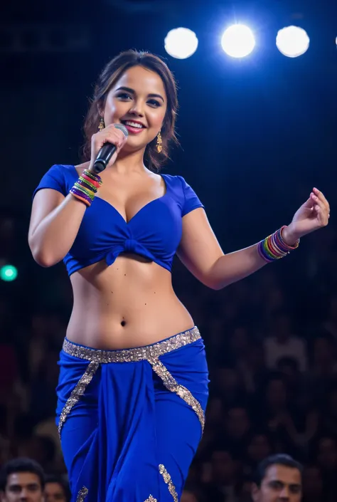 On a brightly lit stage, dillion harper stands confidently addressing a huge audience, holding a microphone with poise and grace. Her long hair is styled in an elegant updo, and her radiant smile lights up the crowd. She is dressed in a traditional blue en...