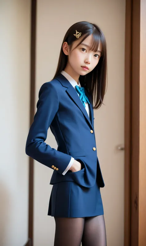 blazer uniform,knee-length skirt,20 years old,cute girl,masterpiece,4K,8k,16 kg,(black tights:1.5),(:1.5),The hairpin is very thin,(slender:1.5),(skinny:1.3),small breasts,short,slender body,younger,可愛いyounger女の子,Narrow Shoulder,Realistic,Japanese,(I'm loo...
