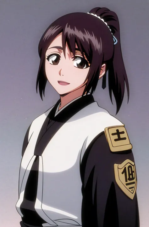 masterpiece, Highest quality , one girl from the side , romantic love , black hair, single , ponytail, Vancouver, brown eyes, kimono, white sleeveless coat ,Captain's coat without white sleeves, black kimono , smile, alone, I'm looking for , simple backgro...