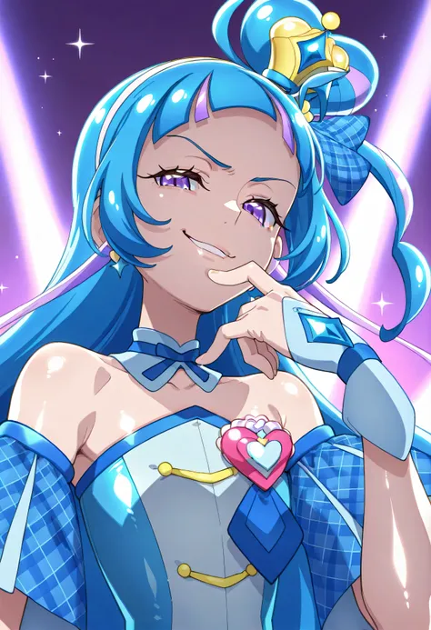 、  look down、from below、 BREAK、cure ink 、Cure Winx  、idol you and idol Pretty Cure blue hair、Magical Girl、 mini crown、PURPLE EYES, blue dress ,Angled hat,Very Long Hair,sober bang,Bareshoulder,Headband,,,nsfw,(Smirk:1.8),obscene,top quality,very detailed i...