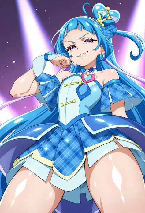 、  look down、from below、 BREAK、cure ink 、Cure Winx  、idol you and idol Pretty Cure blue hair、Magical Girl、 mini crown、PURPLE EYES, blue dress ,Angled hat,Very Long Hair,sober bang,Bareshoulder,Headband,,,nsfw,(Smirk:1.8),obscene,top quality,very detailed i...