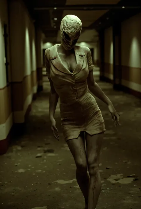 Silent Hill, faceless nurse, contorted body, abandoned hospital, dilapidated hospital hall, surreal, high detail, masterpiece.