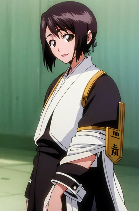 , top quality , one girl from the side , romantic love , black hair, single ,straight long hair, brown eyes, kimono, white sleeveless coat ,Captain's coat without white sleeves, black kimono , smile, alone, I'm looking for , simple background ,